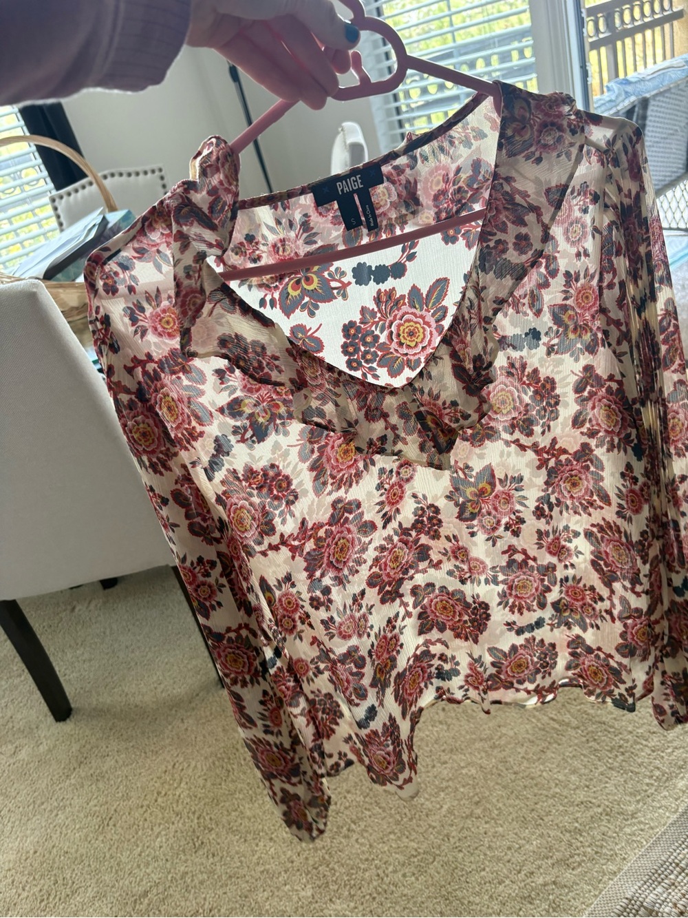 PAIGE Floral Sheer Long-Sleeve Blouse in Pink and Burgundy